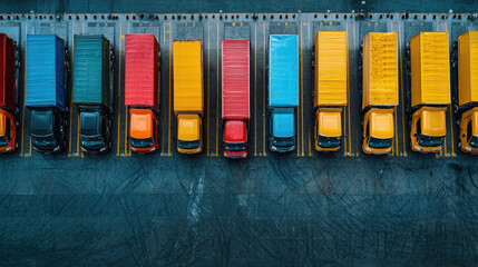 Fototapeta premium Aerial view of logistics hub with colorful delivery trucks parked in rows, showcasing efficient organization. vibrant colors of vehicles create striking visual contrast against asphalt
