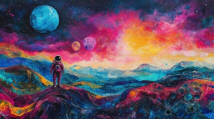Obraz premium Generative AI pop art depiction of an astronaut exploring a vibrant bubble galaxy on an uncharted planet, blending bold colors and abstract elements