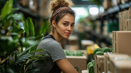 logistics worker in warehouse packs eco friendly products surrounded by plants