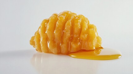 High-definition photo of golden, crispy waffles with syrup generously poured over them, isolated on a white backdrop, emphasizing their delicious texture