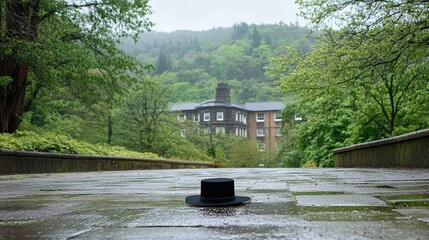 High-definition photo of a mortarboard cap on the ground, set against a university backdrop, ideal for educational announcements with copy space