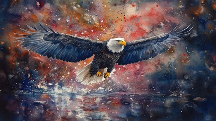 Fototapeta premium Majestic eagle soaring above a colorful cosmic landscape with splashes of color and water reflections
