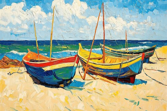 Vibrant Impressionist Painting of Boats on a Sunny Beach