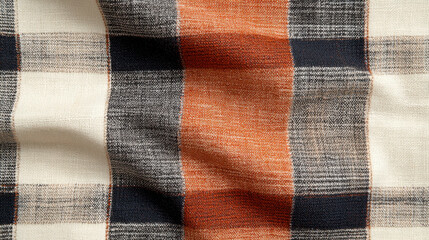 Classic plaid pattern in warm tones creates cozy and inviting atmosphere. fabric features blend of orange, black, and cream colors, perfect for autumn themed decor or fashion