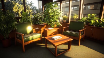 Fototapeta premium Room interior featuring a table chairs and a plant with studio lighting for a modern atmosphere