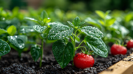 Fresh Tomatoes in Garden: Vibrant red tomatoes growing in a lush garden, with droplets of water glistening on the leaves, evoking freshness, organic growth, and the promise of a delicious harvest. 