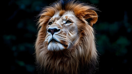 Fototapeta premium Majestic Lion's Gaze: Close-up portrait of a magnificent male lion, his intense gaze and flowing mane capturing the essence of regal power and untamed wilderness.