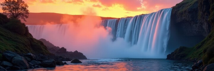 misty veil rises from a waterfall during sunset hours, water, serene