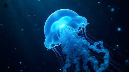Naklejka premium Glowing Blue Jellyfish in Deep Ocean: Stunning Underwater Photography of Marine Life, Bioluminescent Creature, Sea Animal Stock Image