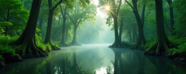 Misty water with green swamp trees in Florida, swamp life, florida swamps