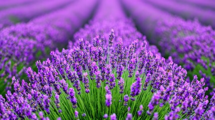 Fototapeta premium Vibrant purple lavender flowers blooming in neat rows on a sunny agricultural farm during daytime.