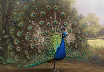 Obraz premium Stunning Peacock Illustration in Vibrant Nature Setting, Showcasing Majestic Feathers in Full Display