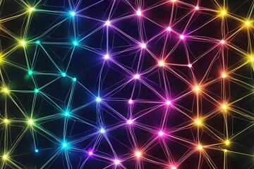 Obraz premium Neon rainbow low polygon seamless pattern. Dark background with Glowing sparkling laser triangle net in spectrum colors.