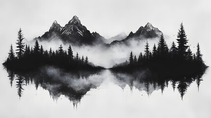 Serene Mountain Reflections: An evocative, monochromatic landscape painting captures the majesty of mountain peaks and a dense forest reflected in the tranquil water.