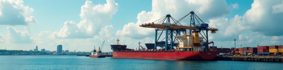 Offshore crane lifting heavy load on barge in harbor, cargo, barge, harbor