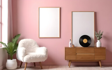 Modern living room interior composition with fluffy armchair, wooden commode, mock up poster frame, vinyl recorder and modern home accessories. Pink wall. Template.