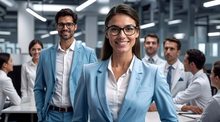 A diverse group of professionals in blue suits and white shirts standing confidently in a modern office setting.