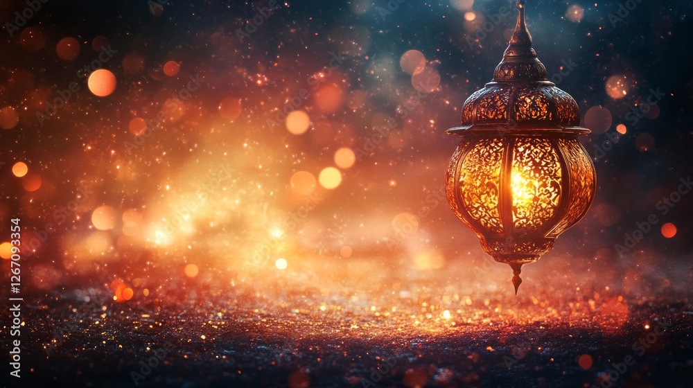 Poster a stunning decorative lantern illuminates its surroundings with a warm glow, casting intricate patte