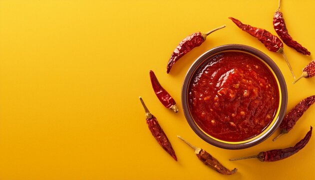 Organic red hot sauce with dried red chilli on yellow background