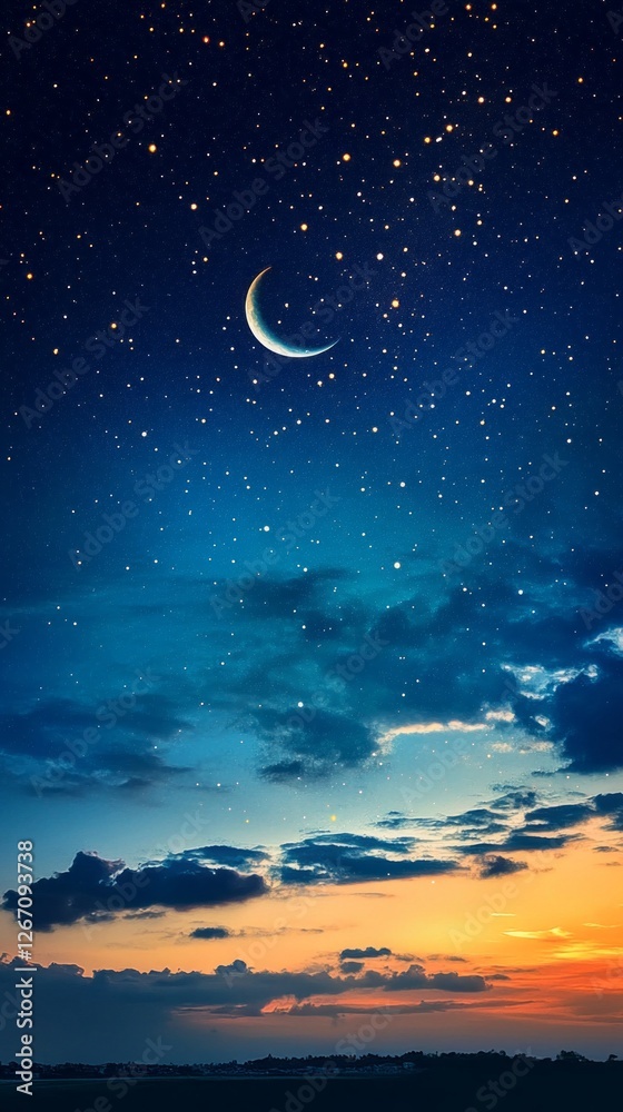 Poster a crescent moon glows brightly in a starlit sky as twilight descends, cloud formations softly contra