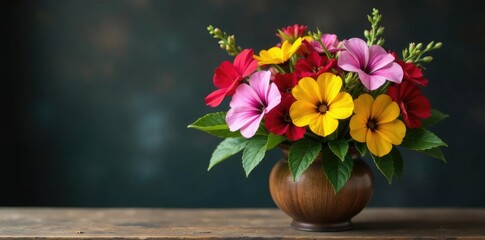 Obraz premium Petunia and Bidens bouquet in rustic wooden vase, flowers, rustic vase