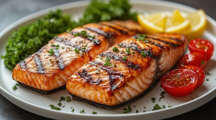 grilled salmon steak with vegetables isolated on transparent background
