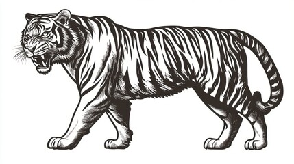 Fototapeta premium Roaring tiger walking, white background, wildlife illustration, tattoo design
