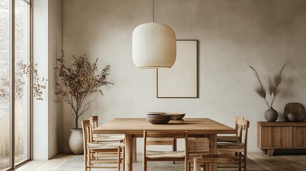 Elegant Dining Room Featuring a Rustic Wooden Table Surrounded by Stylish Chairs Bathed in Warm Natural Light Creating a Welcoming Atmosphere for Family Gatherings and Meals