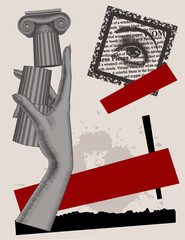 Collage with engraving drawings of a hand holding an antique column, an eye in an antique decorative frame with text, a silhouette of a blob on a beige cardboard background. Vector illustration