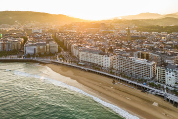 Fototapeta premium Aerial view of Donostia - San Sebastian cityscape at sunrise, Spain
