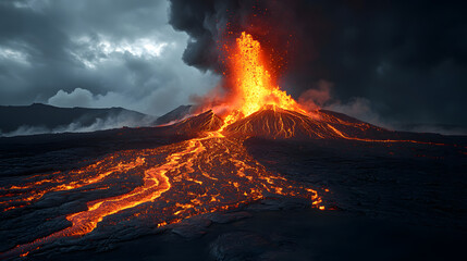 Fiery Eruption: Witness the raw power and destructive beauty of nature as a volcano erupts, spewing molten lava and billowing smoke against a dramatic, stormy sky.