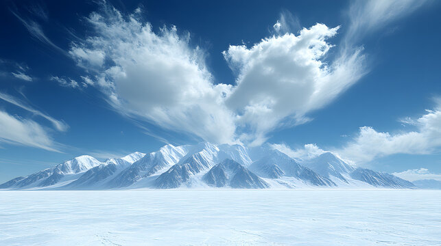 Celestial Giants: A breathtaking vista of snow-capped mountain ranges piercing the vast expanse of a pristine, icy plain beneath a dramatic sky.