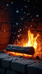 Snowflakes gently fall on a crackling fireplace, ambiance, warm glow