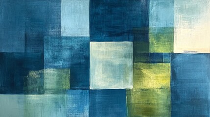 Abstract painting of various sized squares in shades of blue