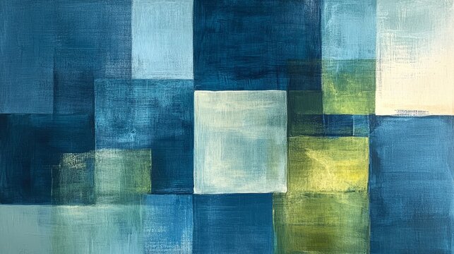 Abstract painting of various sized squares in shades of blue