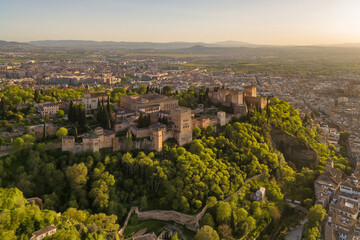 Aerial view of the Alhambra palace at sunset in Granada, Andalusia, Spain