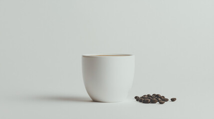 A Simple Cup of Coffee: Minimalist photograph featuring a white ceramic mug, a subtle splash of coffee, and a scattered pile of dark roasted coffee beans.  