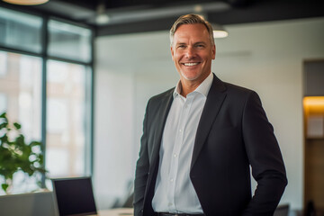 Obraz premium A smiling successful American businessman wearing a stylish black suit and white shirt, standing proudly in a modern office