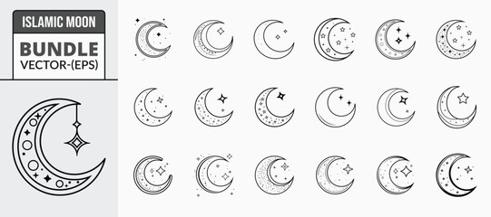 Islamic crescent moon with stars outline icon bundle set in isolated flat line art vector illustration for eid celebration