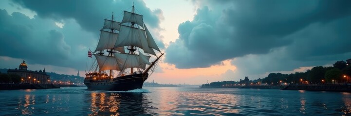 Fototapeta premium Tall ship on the River Clyde during stormy weather, river, vessel