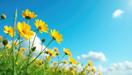 Tall yellow wildflowers sway in the wind with a few wispy clouds in the blue sky, petals, blue, wind