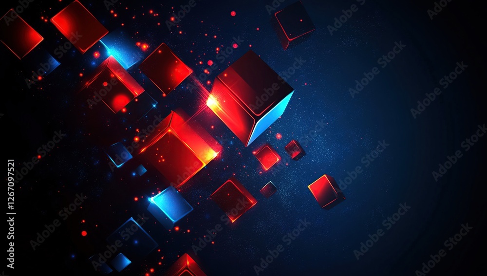Poster glowing red and blue cubes explode dynamically in abstract space, creating a futuristic digital art 