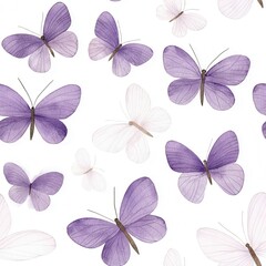 Watercolor illustration of seamless boho animals. A delicate pattern featuring purple and white butterflies on a light background, creating an ethereal and whimsical aesthetic.