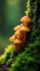 Tiny orange mushrooms growing vertically in a mossy tree stump, plant life, natural