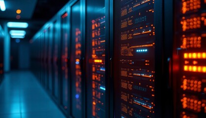 Server Room, Rows of dark server racks with glowing lights.  Possible use Stock photo