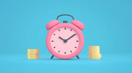 Pink Alarm Clock Surrounded by Stacks of Coins on Blue Background