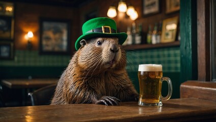 A beaver wearing a green hat sits at a bar with a pint of beer. A fun and humorous take on St. Patrick’s Day celebrations