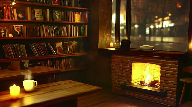 Cozy Library with Fireplace at Night. Seamless looping time lapse animation video background  
