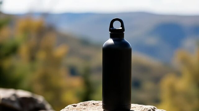 standing aluminum water bottle with a black cap in the nature
