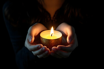 burning candle in the hands of a praying girl on a black background